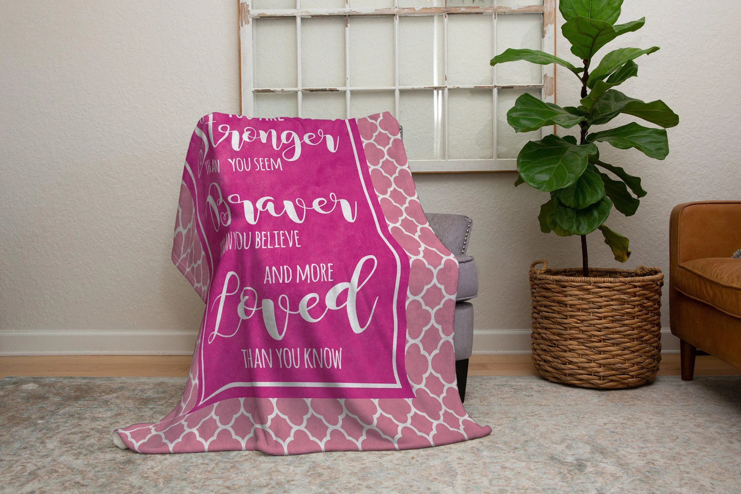 Stronger Braver More Loved Pink Quatrefoil Blanket