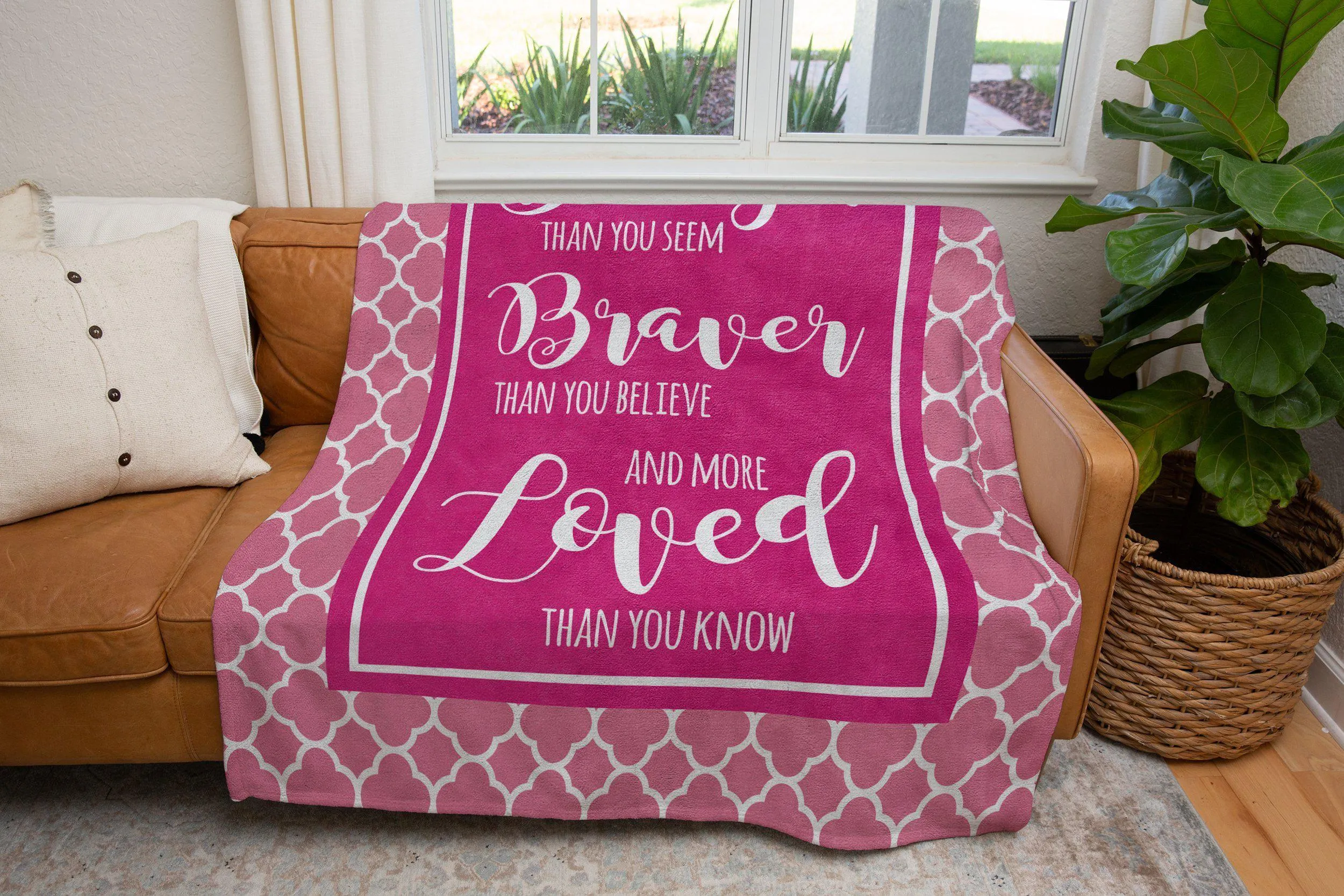 Stronger Braver More Loved Pink Quatrefoil Blanket