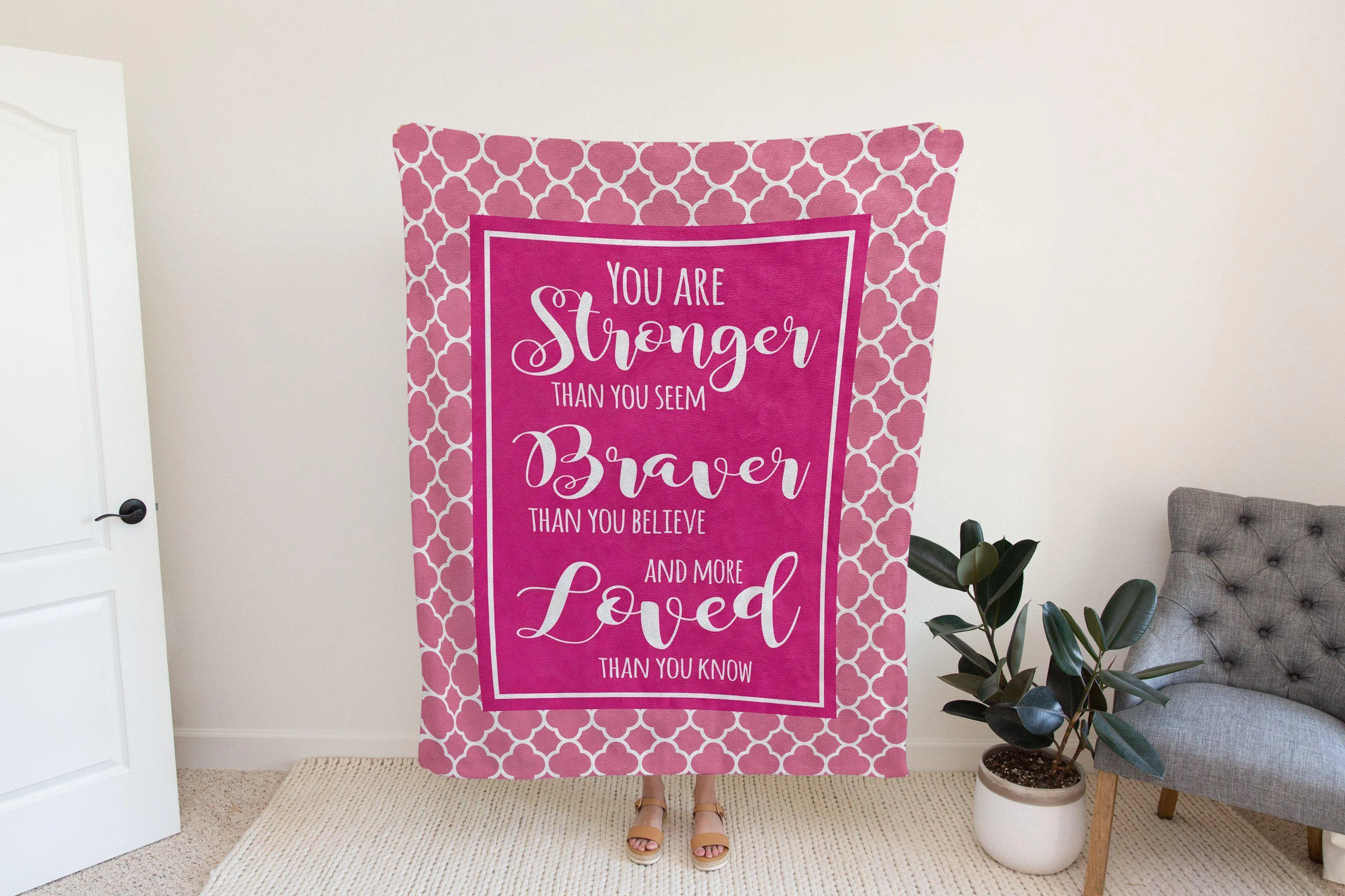 Stronger Braver More Loved Pink Quatrefoil Blanket