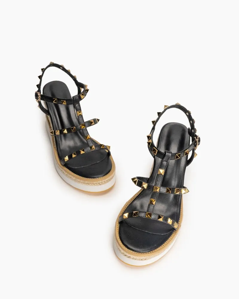 Studded Adjustable Ankle Strap Espadrille Wedges Chunky Platform Sandals