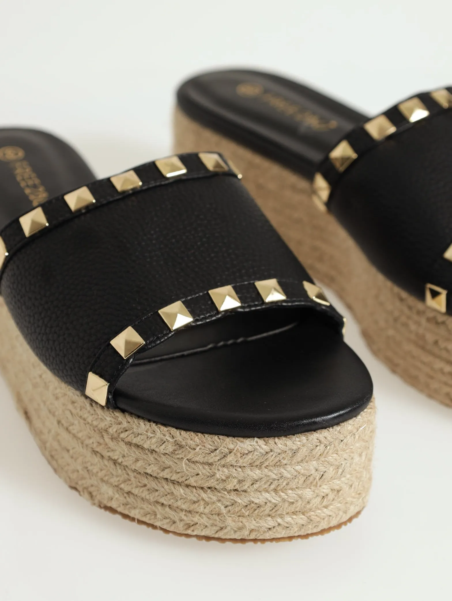 Studded Bandage Mule Espadrille Flatform Sandal - Black