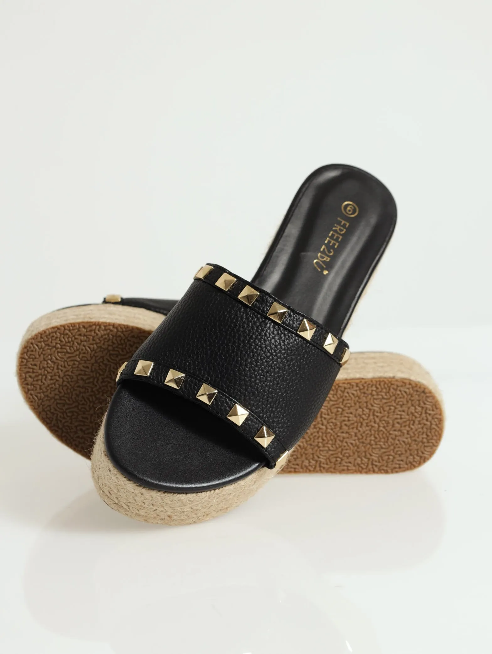 Studded Bandage Mule Espadrille Flatform Sandal - Black
