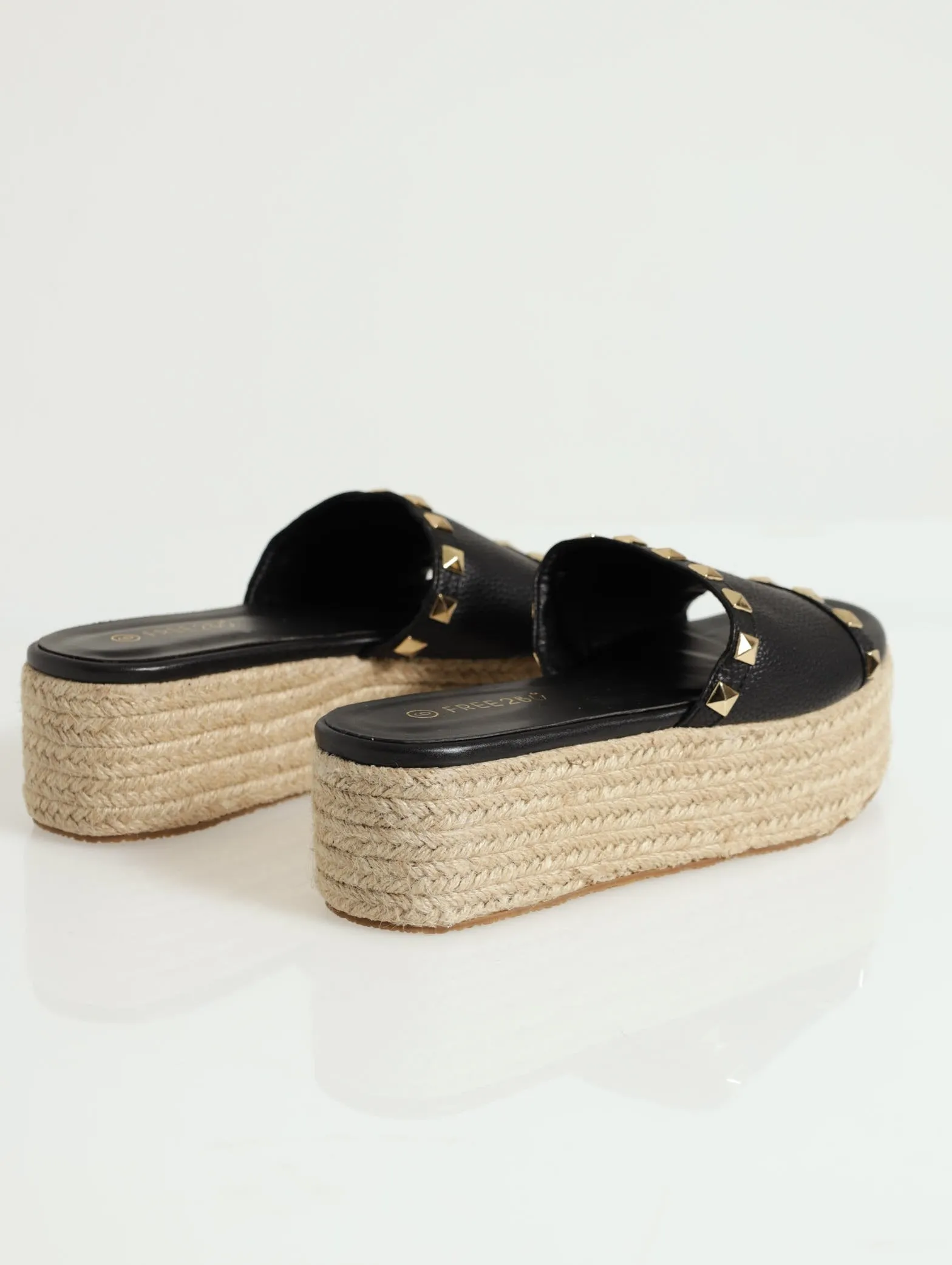 Studded Bandage Mule Espadrille Flatform Sandal - Black