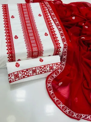 Stuff Cotton Cross Stitched Embroidery Dupatta With Heavy Embroidery Chiffon Dupatta 3PC Suits