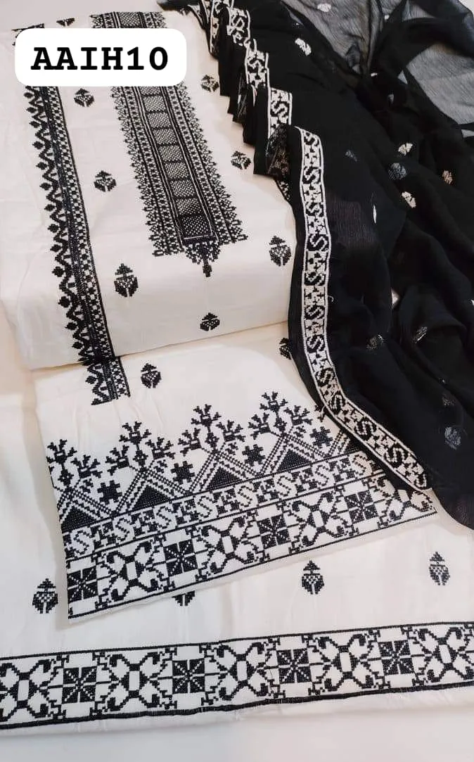 Stuff Cotton Cross Stitched Embroidery Dupatta With Heavy Embroidery Chiffon Dupatta 3PC Suits