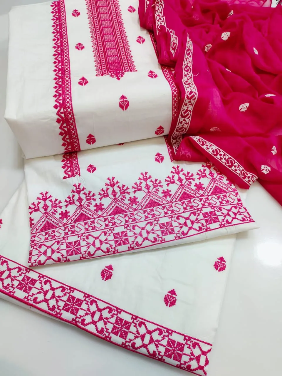 Stuff Cotton Cross Stitched Embroidery Dupatta With Heavy Embroidery Chiffon Dupatta 3PC Suits