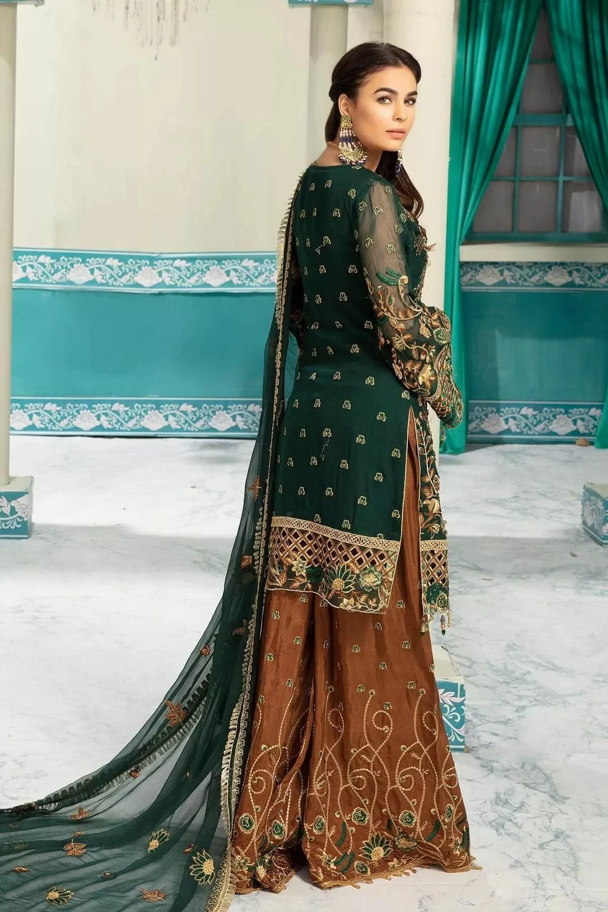Stunning Pakistani Emerald Green Dress In Chiffon # C2087