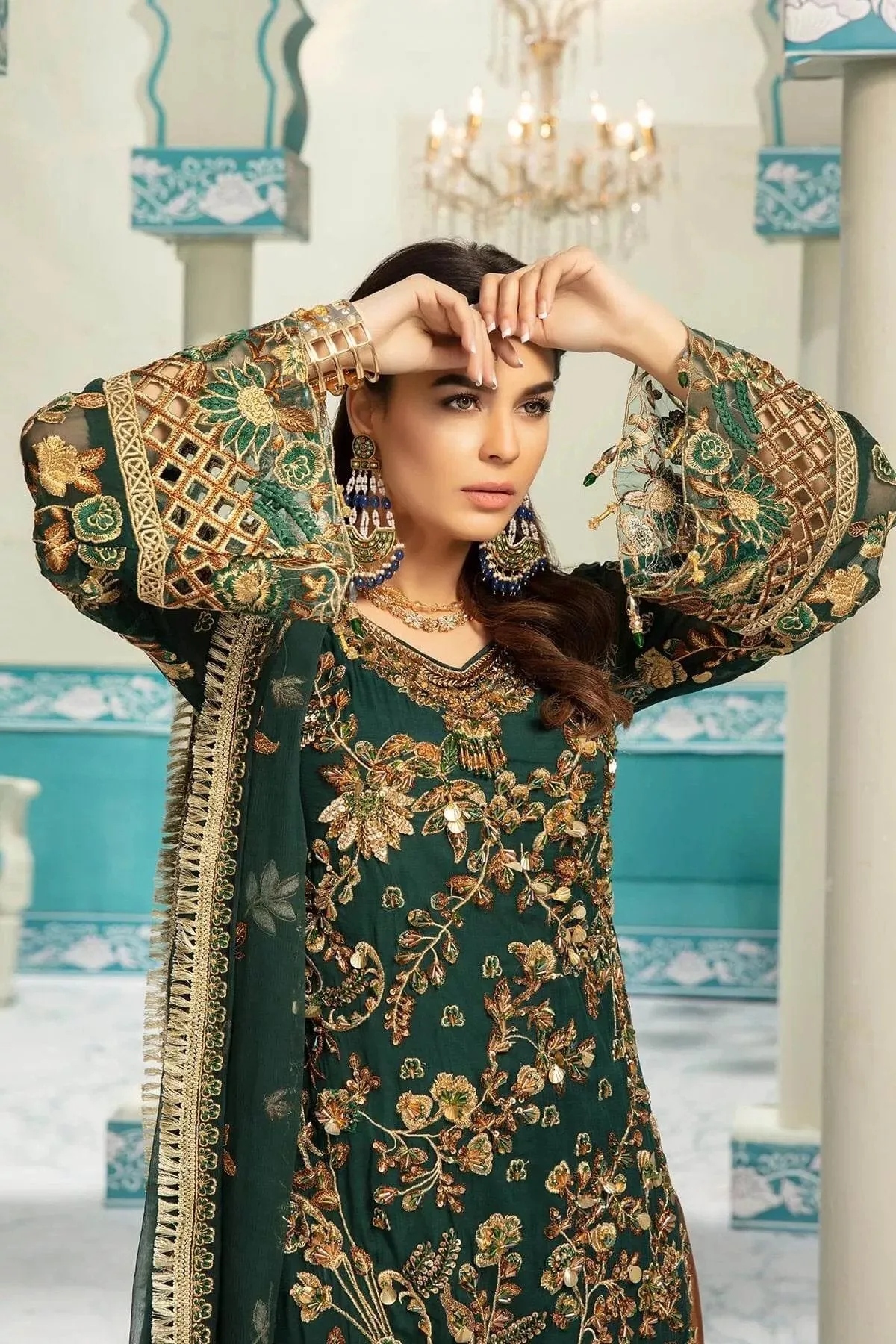 Stunning Pakistani Emerald Green Dress In Chiffon # C2087