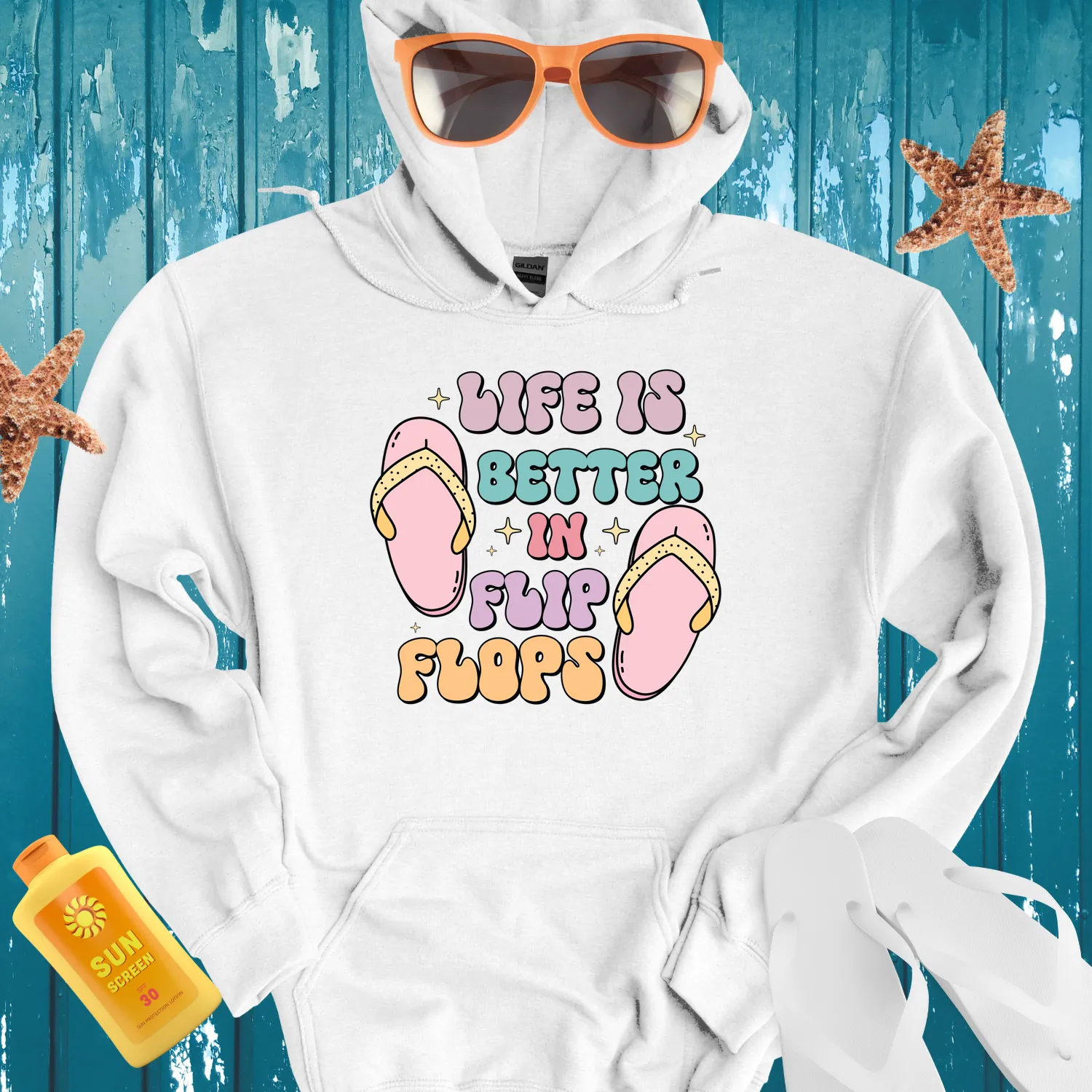 Summer Vibes Hoodie With Flip Flops And Stars Design