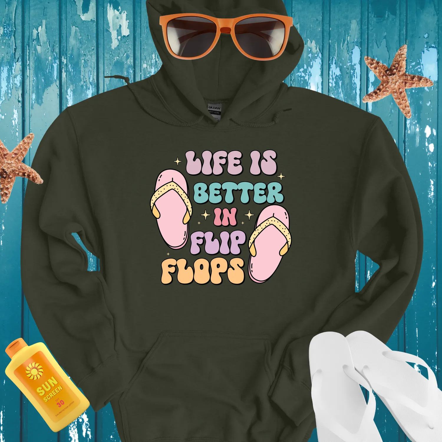 Summer Vibes Hoodie With Flip Flops And Stars Design