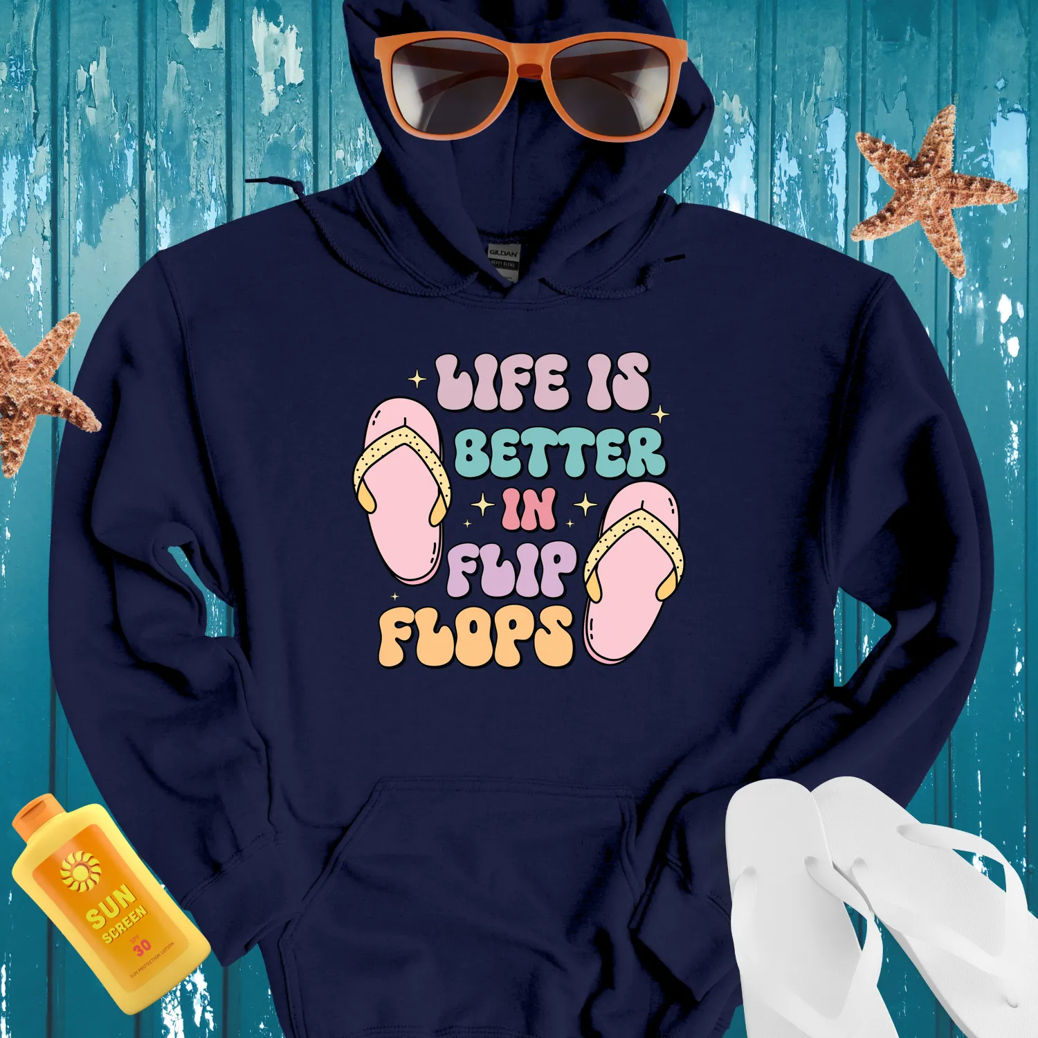 Summer Vibes Hoodie With Flip Flops And Stars Design
