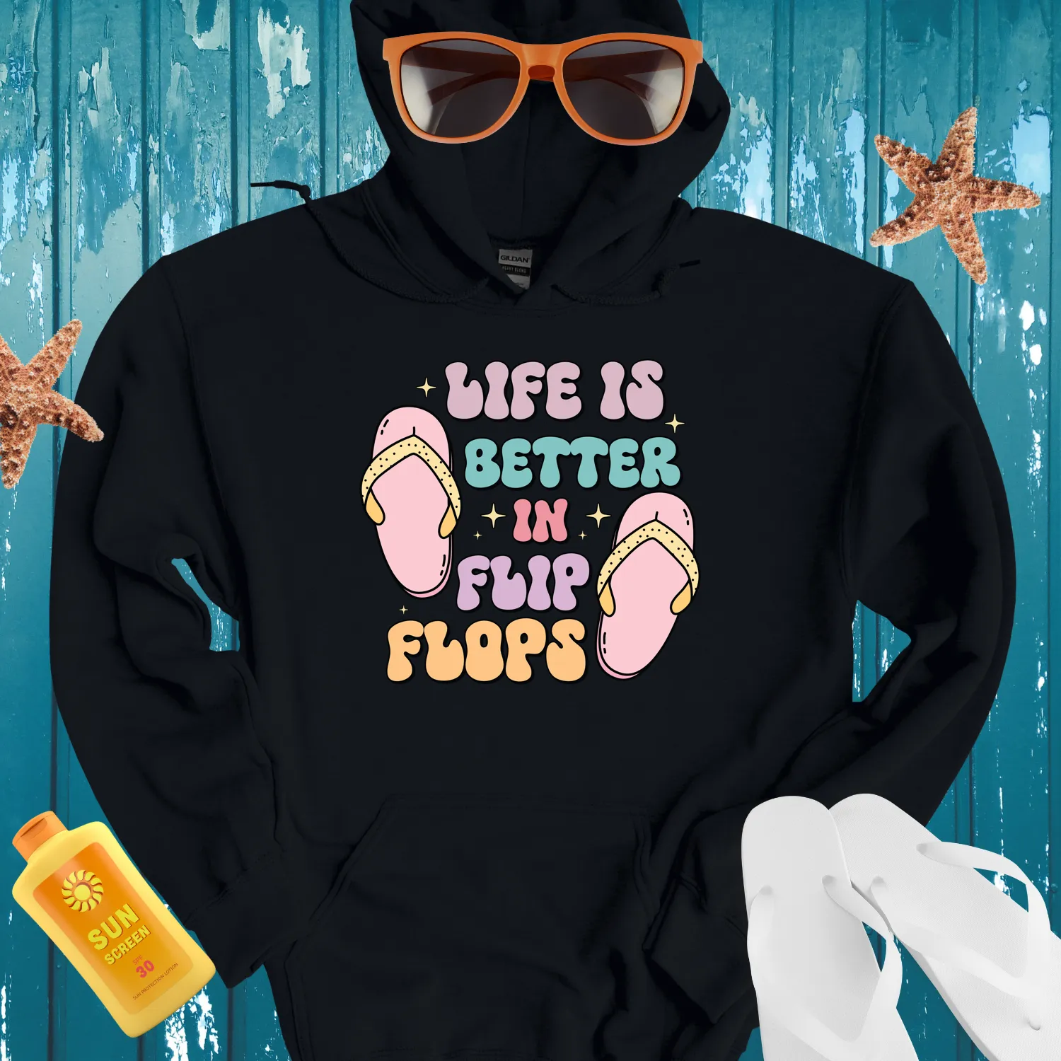 Summer Vibes Hoodie With Flip Flops And Stars Design