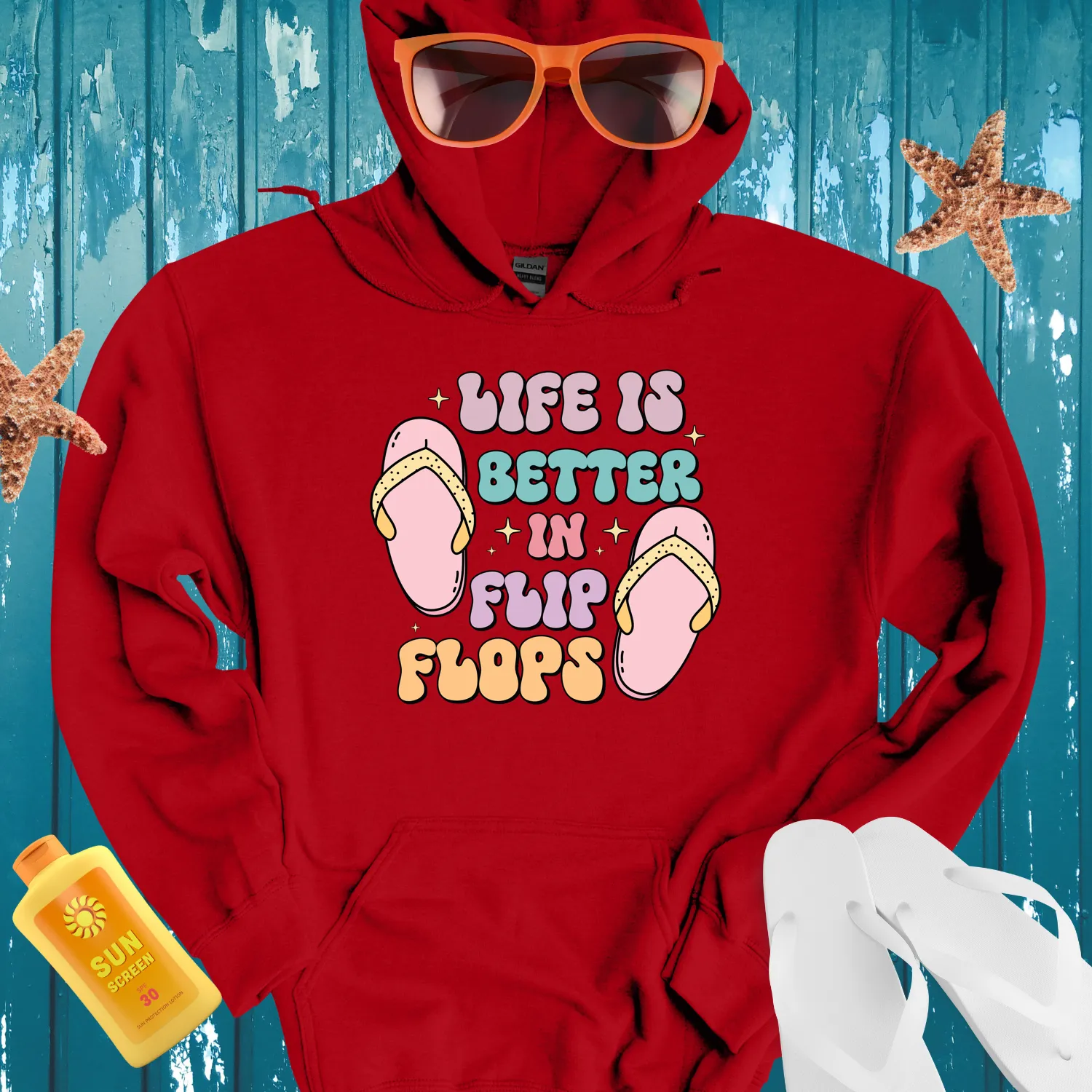 Summer Vibes Hoodie With Flip Flops And Stars Design