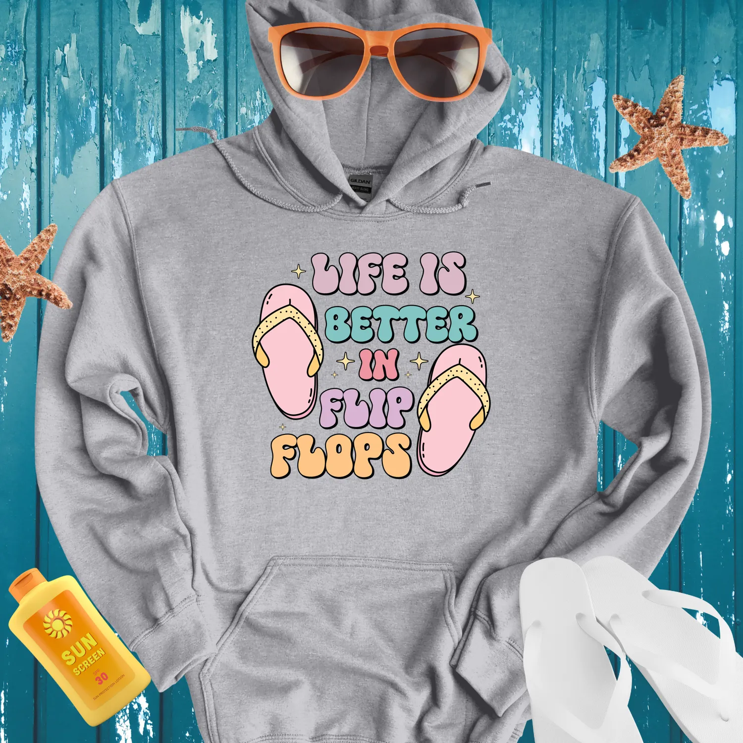 Summer Vibes Hoodie With Flip Flops And Stars Design