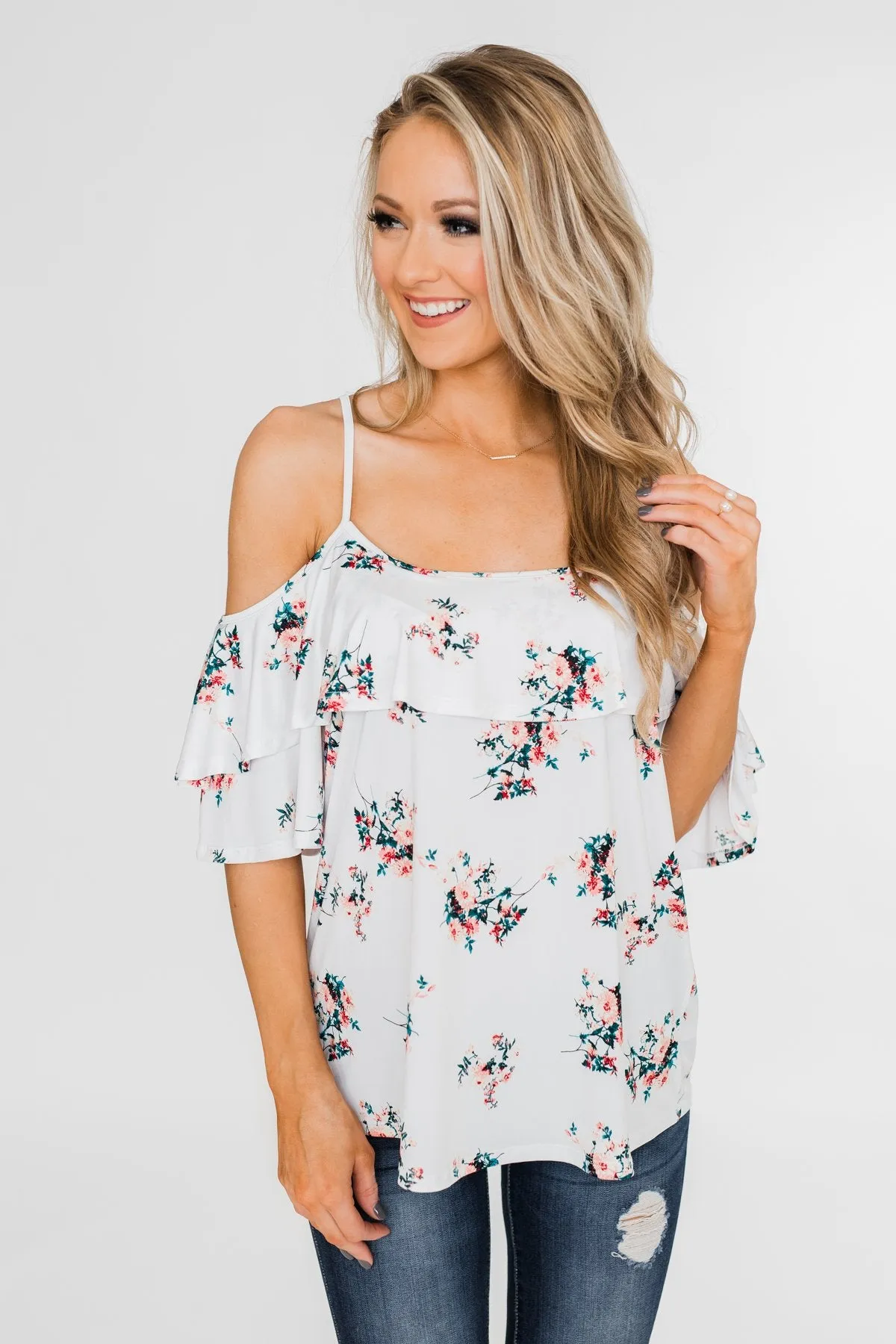 Summertime Breeze Floral Cold Shoulder Top- White