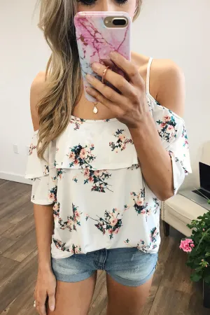 Summertime Breeze Floral Cold Shoulder Top- White