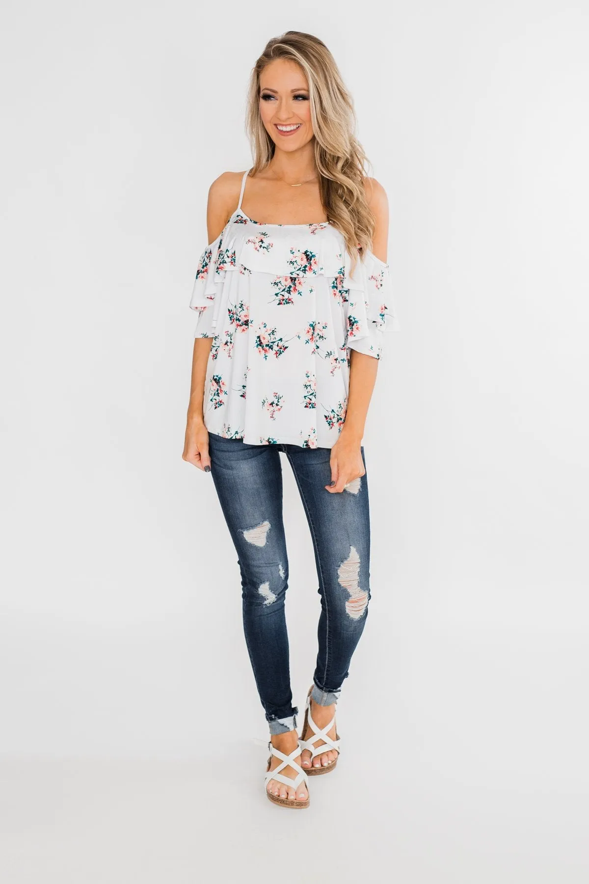Summertime Breeze Floral Cold Shoulder Top- White