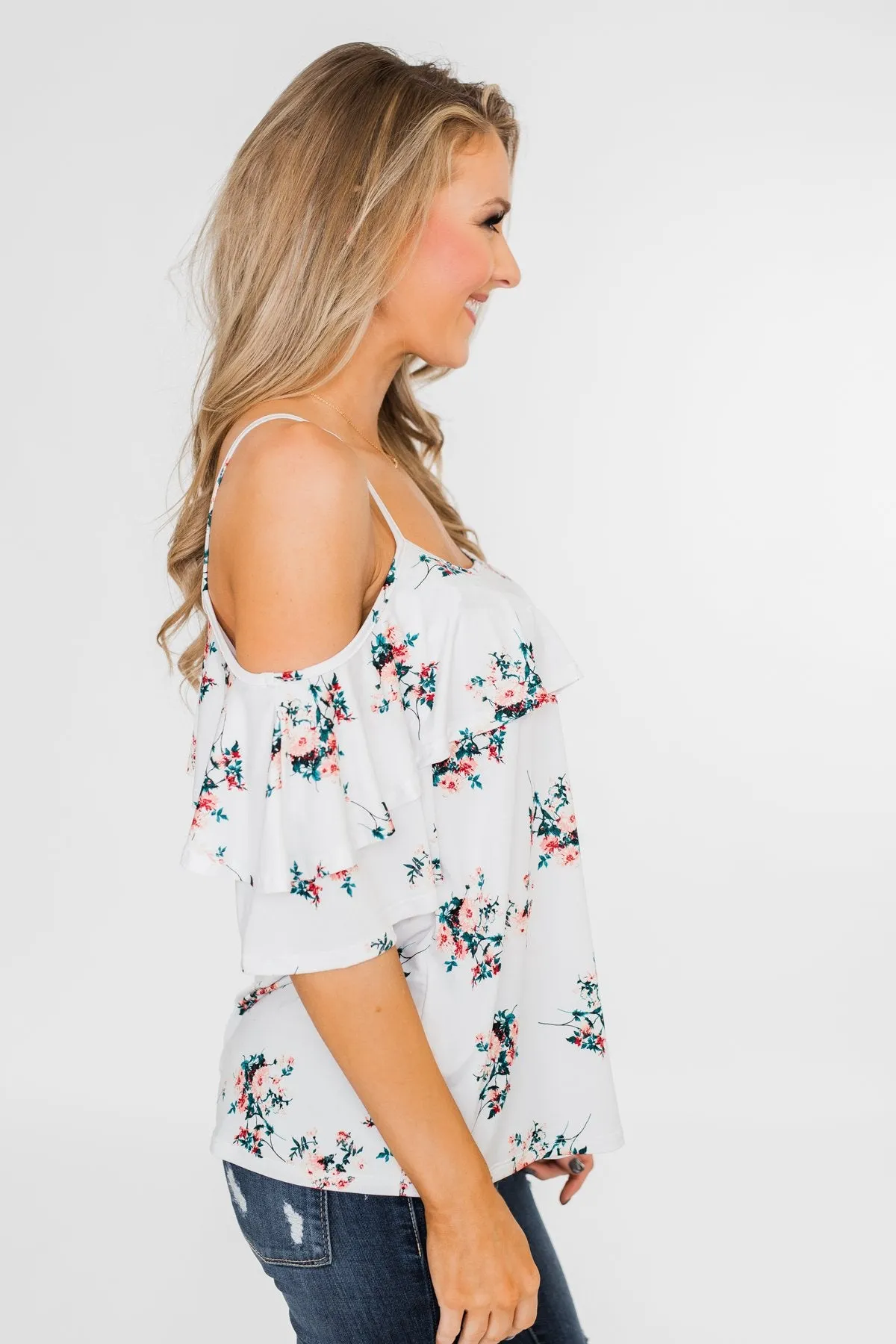Summertime Breeze Floral Cold Shoulder Top- White