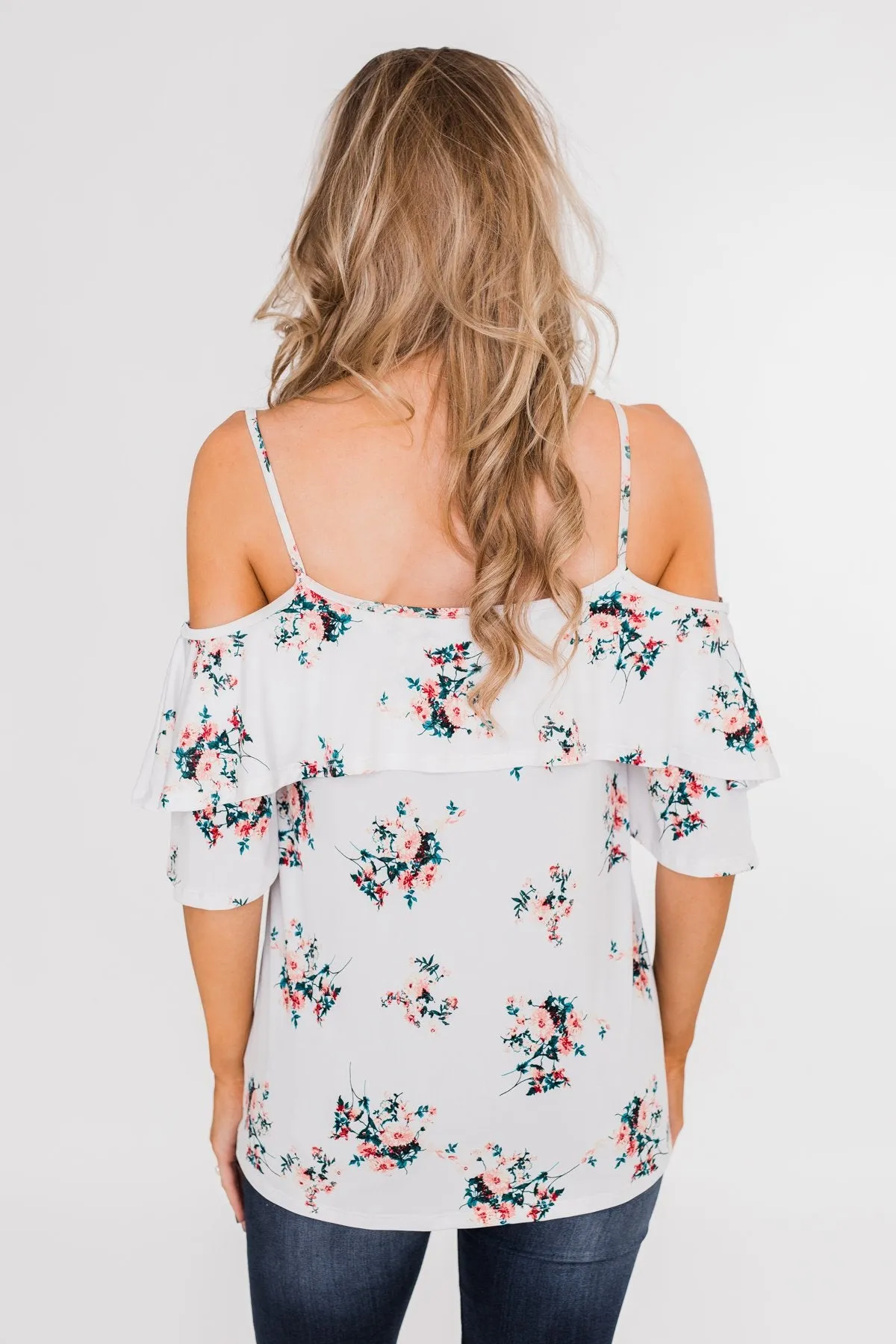Summertime Breeze Floral Cold Shoulder Top- White