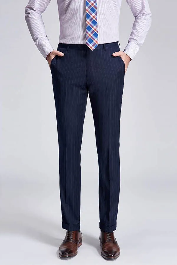 Superior Peak Lapel Double Breasted Mens Suits Pinstripe Dark Navy Suits for Men Formal