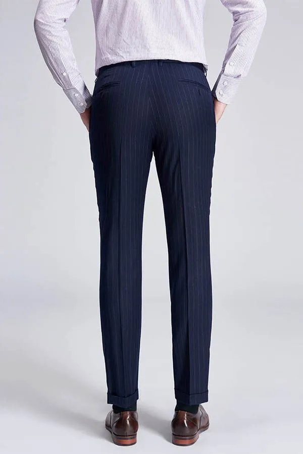 Superior Peak Lapel Double Breasted Mens Suits Pinstripe Dark Navy Suits for Men Formal