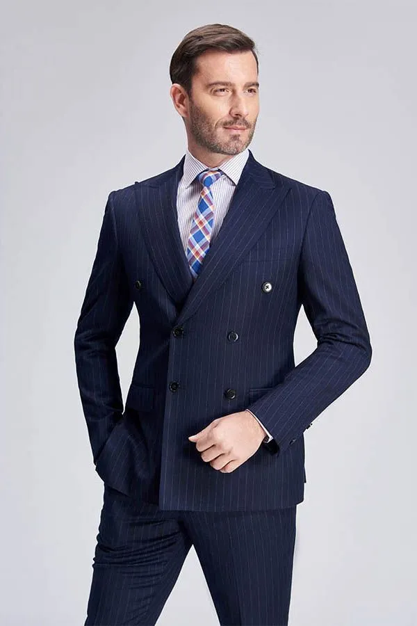 Superior Peak Lapel Double Breasted Mens Suits Pinstripe Dark Navy Suits for Men Formal