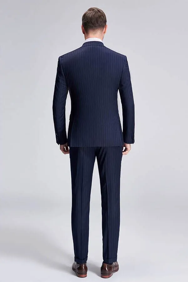 Superior Peak Lapel Double Breasted Mens Suits Pinstripe Dark Navy Suits for Men Formal