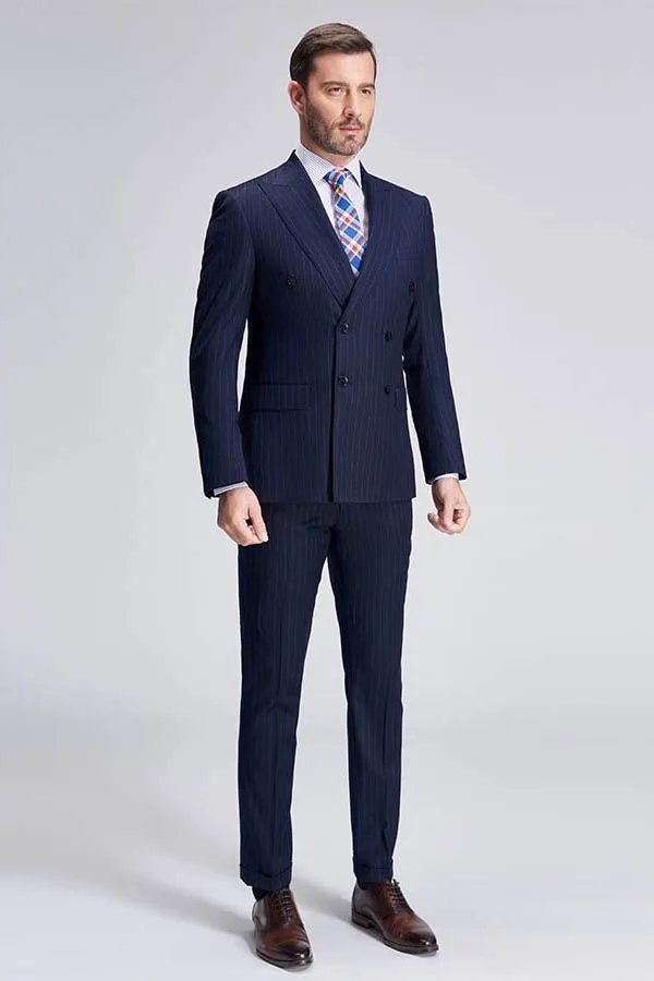 Superior Peak Lapel Double Breasted Mens Suits Pinstripe Dark Navy Suits for Men Formal