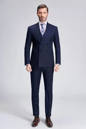Superior Peak Lapel Double Breasted Mens Suits Pinstripe Dark Navy Suits for Men Formal
