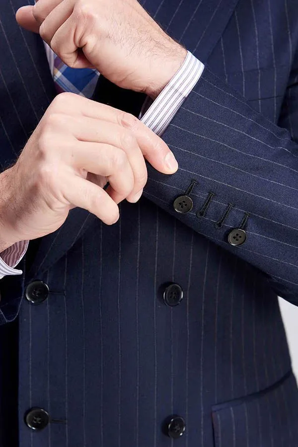 Superior Peak Lapel Double Breasted Mens Suits Pinstripe Dark Navy Suits for Men Formal