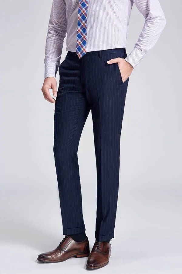 Superior Peak Lapel Double Breasted Mens Suits Pinstripe Dark Navy Suits for Men Formal