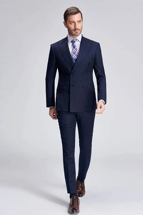 Superior Peak Lapel Double Breasted Mens Suits Pinstripe Dark Navy Suits for Men Formal