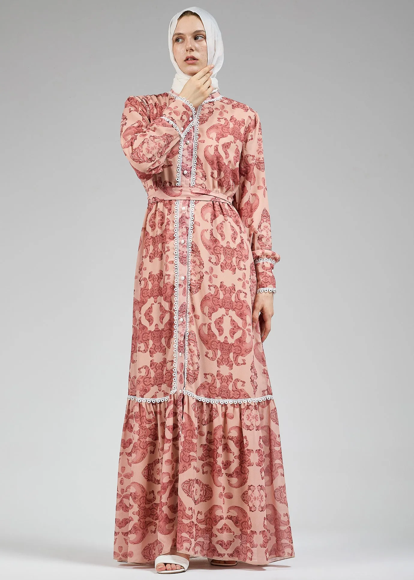 Suzan Floral Lace-Trimmed Button-Front Maxi Dress in Blush Chiffon