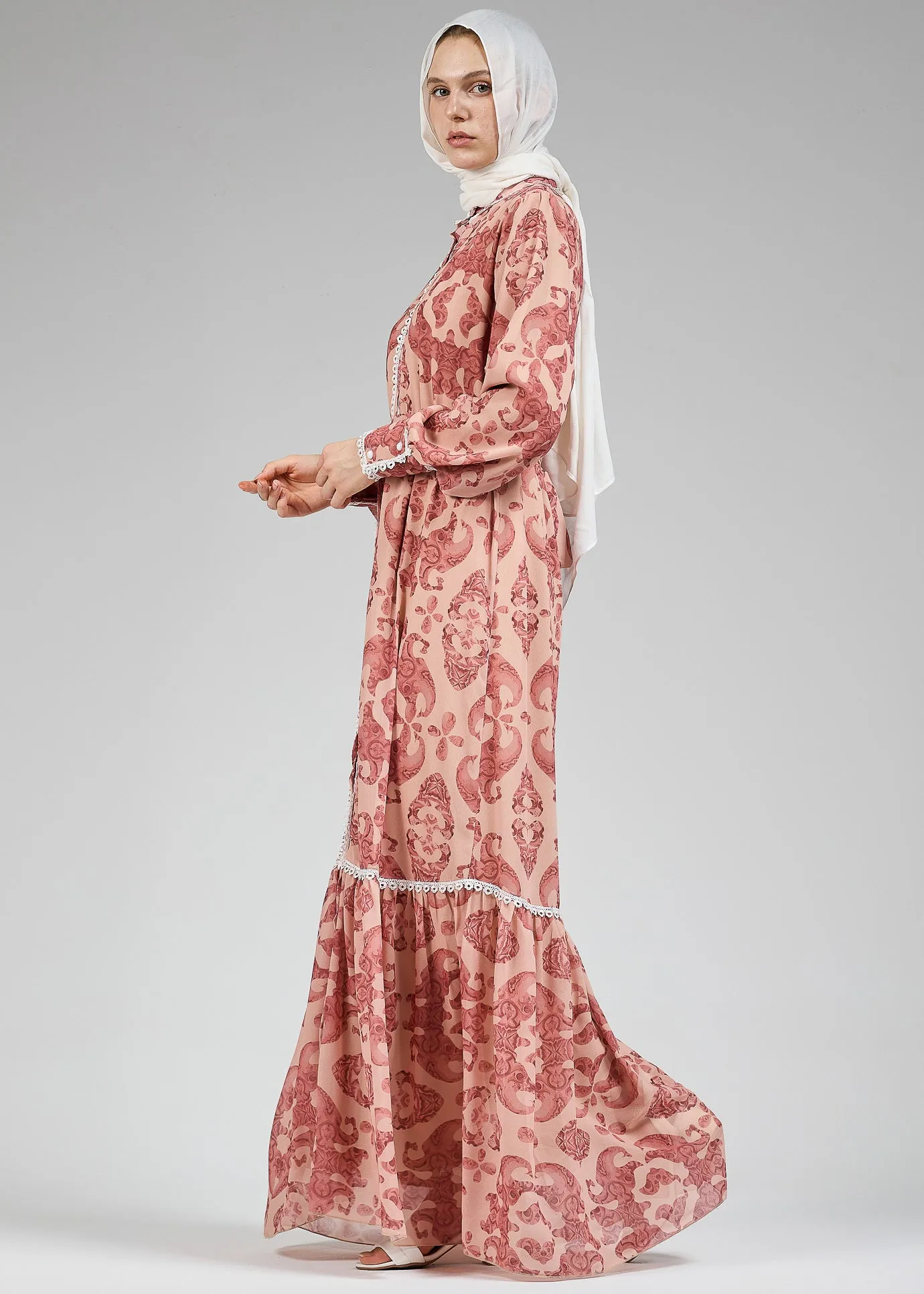 Suzan Floral Lace-Trimmed Button-Front Maxi Dress in Blush Chiffon