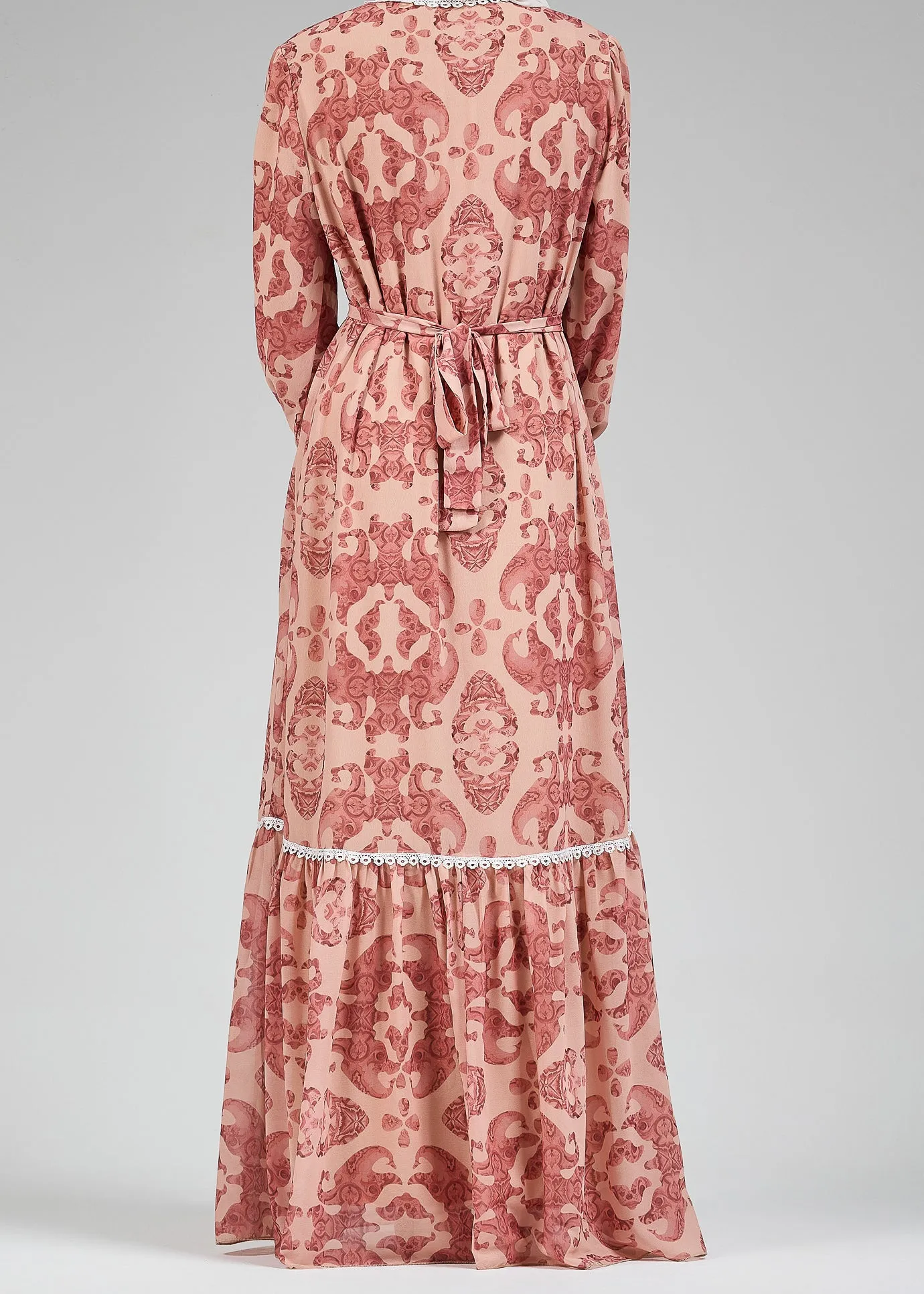 Suzan Floral Lace-Trimmed Button-Front Maxi Dress in Blush Chiffon