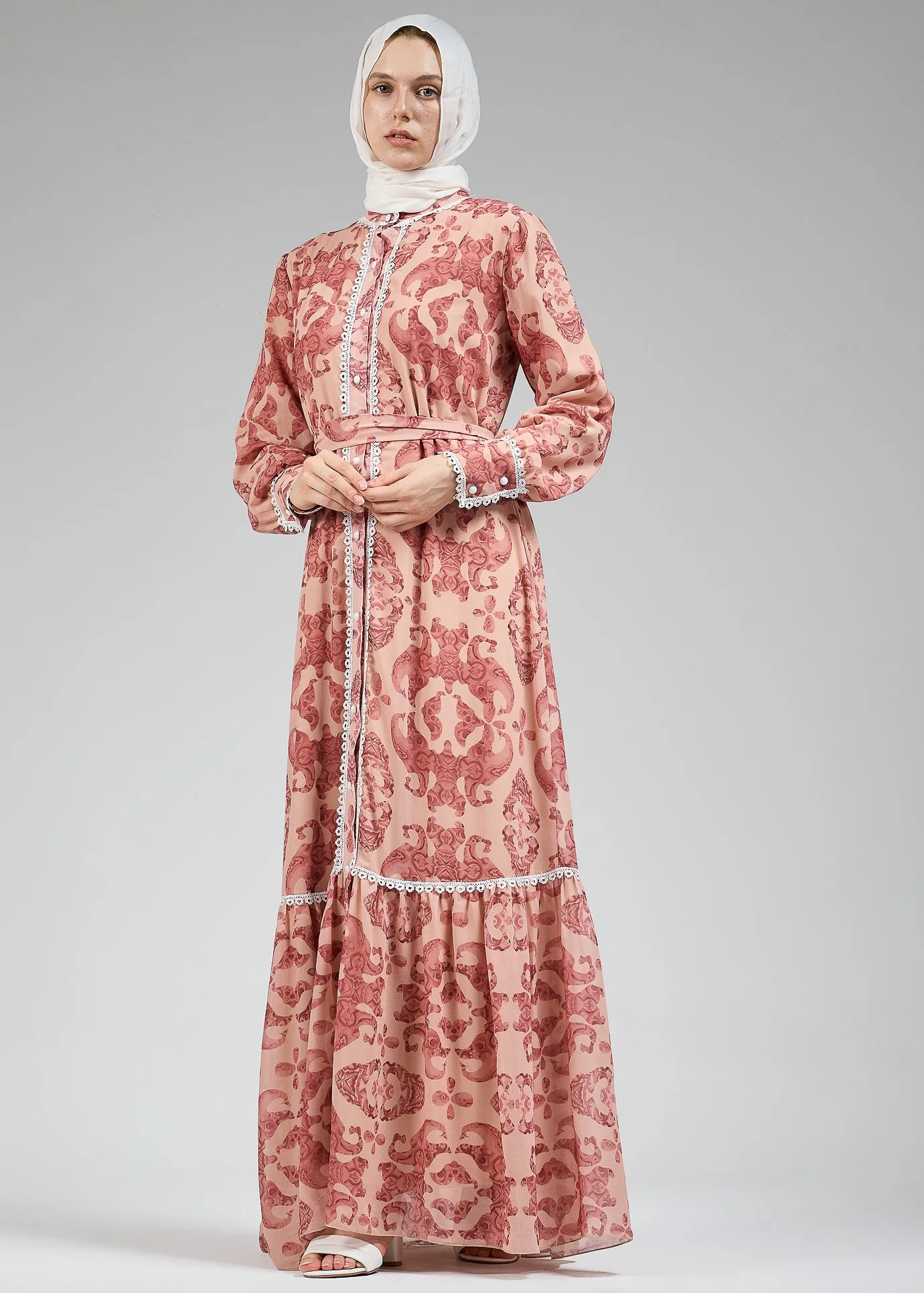 Suzan Floral Lace-Trimmed Button-Front Maxi Dress in Blush Chiffon