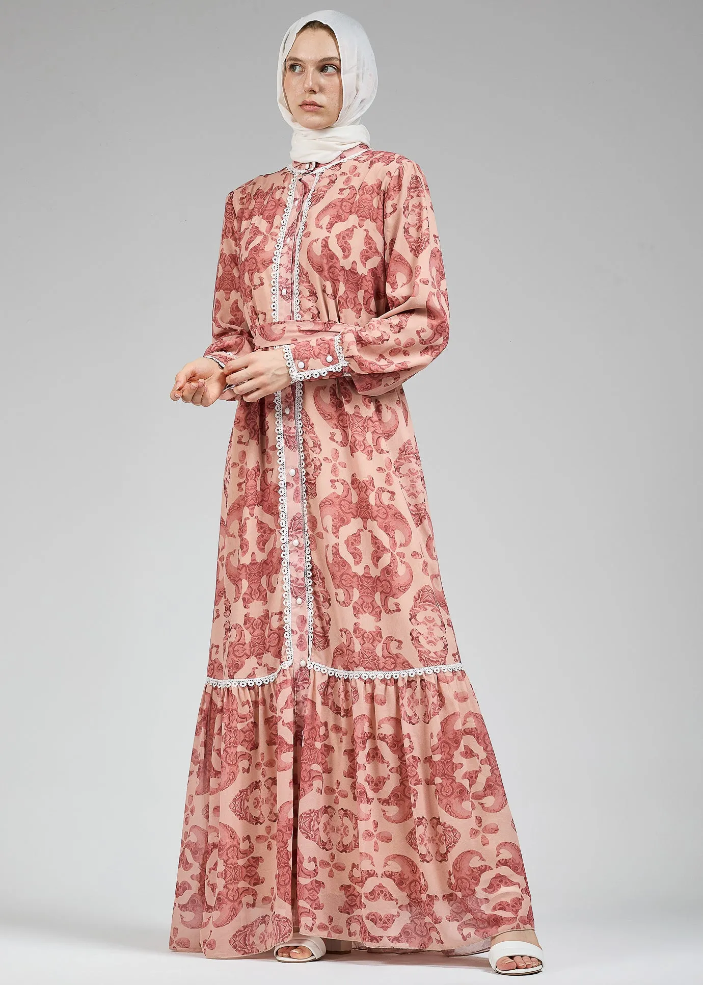 Suzan Floral Lace-Trimmed Button-Front Maxi Dress in Blush Chiffon