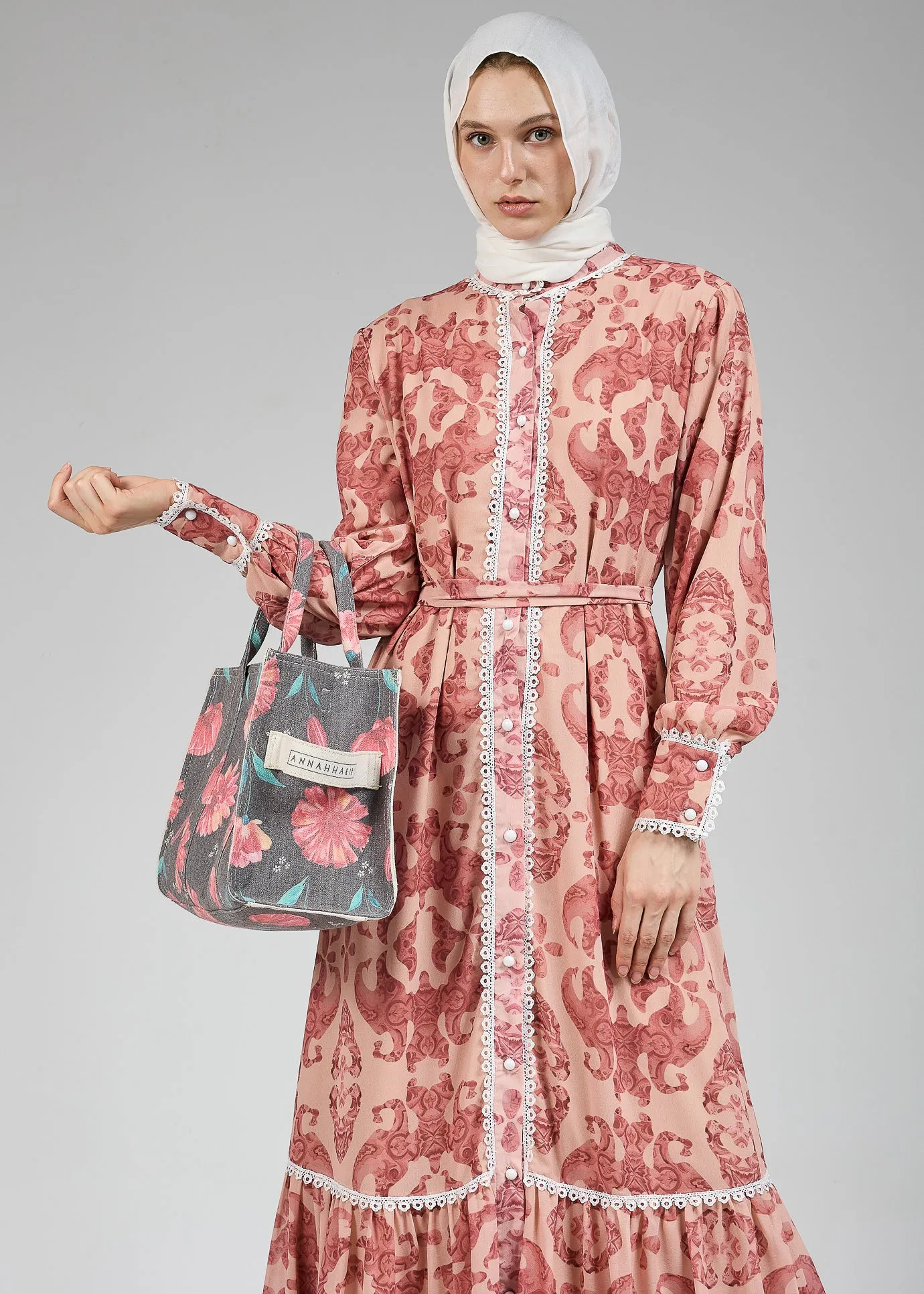 Suzan Floral Lace-Trimmed Button-Front Maxi Dress in Blush Chiffon