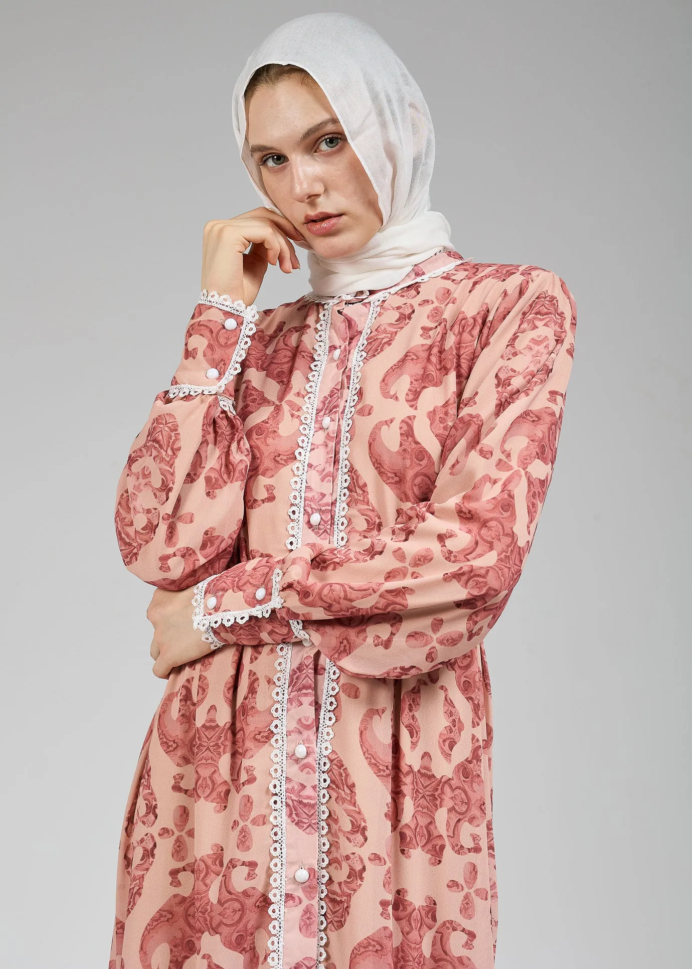 Suzan Floral Lace-Trimmed Button-Front Maxi Dress in Blush Chiffon