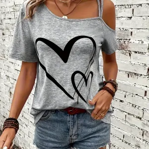 T-shirt - Heart Pattern & Cold Shoulder Design