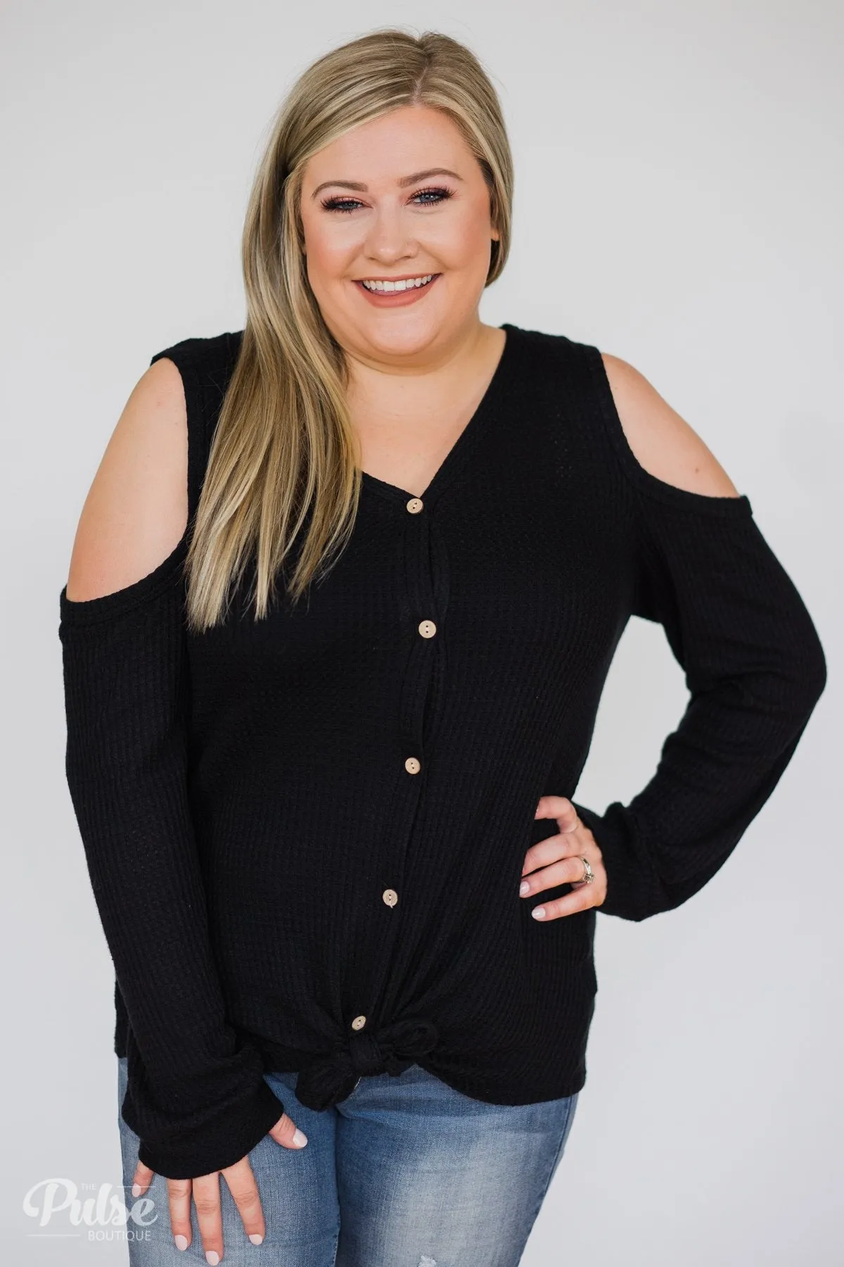 Take A Hint Cold Shoulder Thermal Top- Black