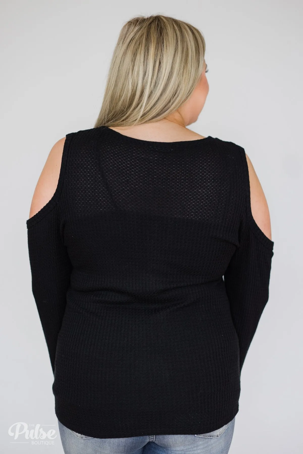 Take A Hint Cold Shoulder Thermal Top- Black