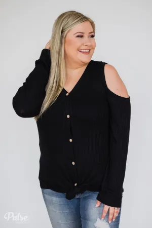 Take A Hint Cold Shoulder Thermal Top- Black