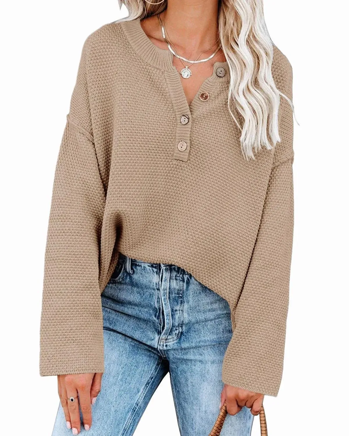 Terrain Waffle Knit Henley Long Sleeve Pullover Top