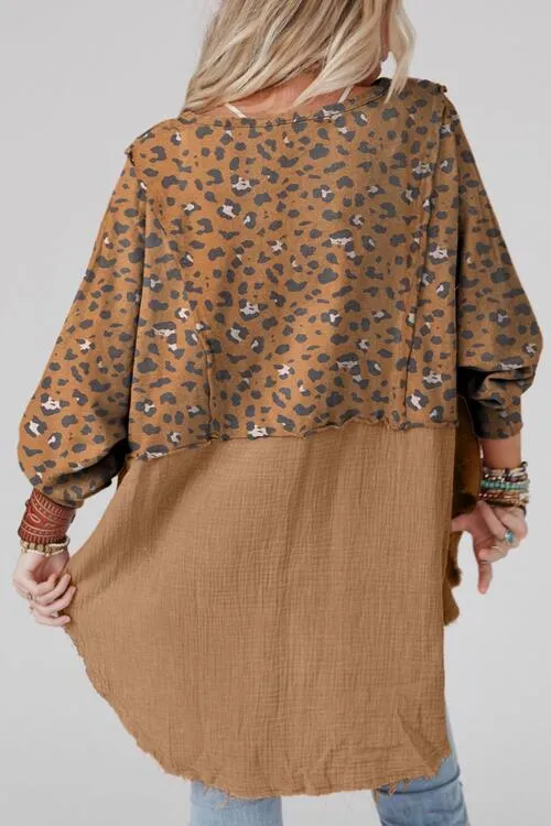Textured Leopard Print Dropped Shoulder Blouse
