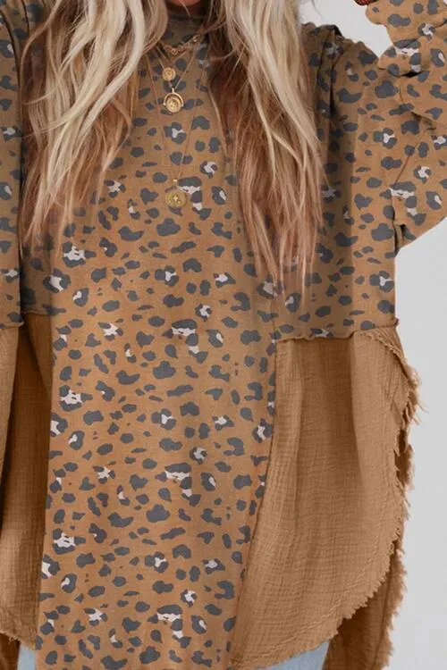 Textured Leopard Print Dropped Shoulder Blouse