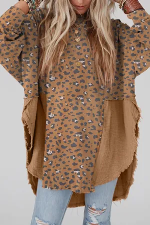 Textured Leopard Print Dropped Shoulder Blouse