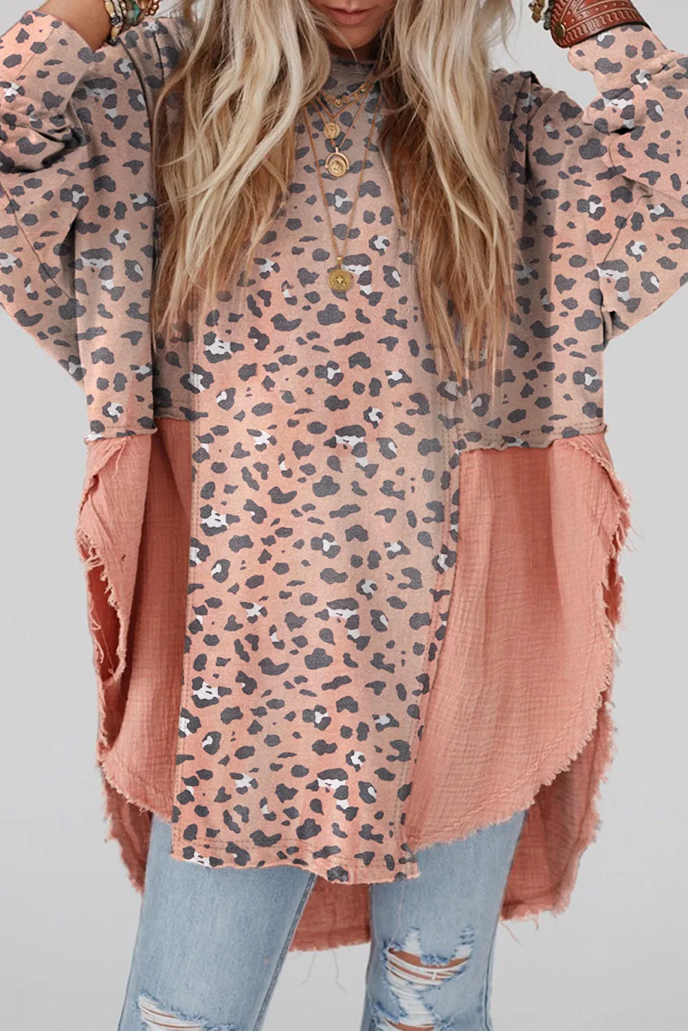 Textured Leopard Print Dropped Shoulder Blouse