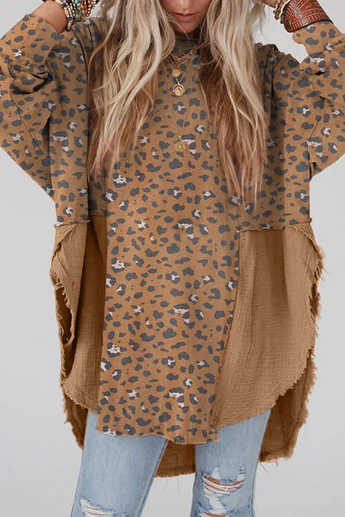 Textured Leopard Print Dropped Shoulder Blouse