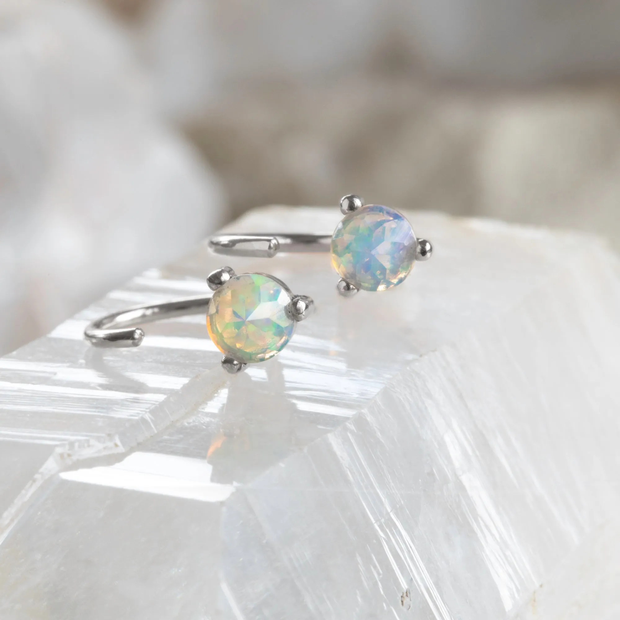 The Opal Huggie Stud Earrings | 14K White Gold